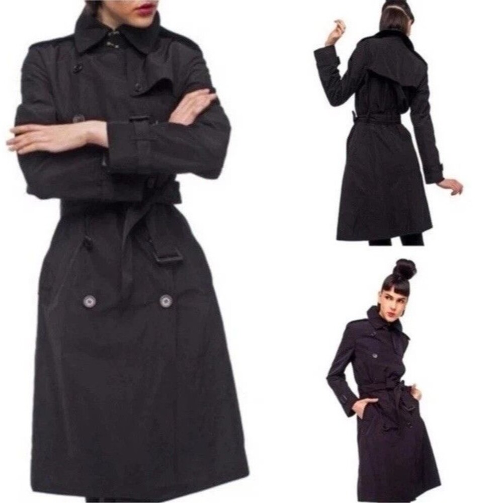Norma Kamali Black Trench Coat Size XXL Double Breasted Belted Timeless Classic - Picture 11 of 12